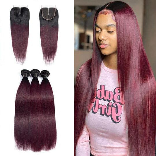 1B/99J Ombre Hair Weave 3 Bundles Pcs Straight with 4x4 Lace Closure 100% Virgin Human Hair - BBOUTIQUE HAIR