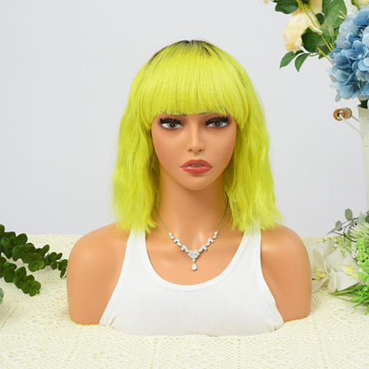 BB 14A Short Wavy Curly 1B/Green Yellow Bob with Bangs Wigs Straight Human Hair - BBOUTIQUE HAIR