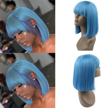 BB 14A Light Blue Straight Bob Wigs Human Hair With Bangs Wigs Glueless 100% Remy Human Hair Wigs None Lace Front Wigs Glueless Machine Made Wigs - BBOUTIQUE HAIR