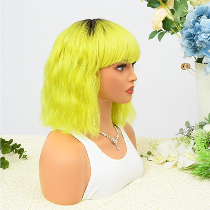 BB 14A Short Wavy Curly 1B/Green Yellow Bob with Bangs Wigs Straight Human Hair - BBOUTIQUE HAIR