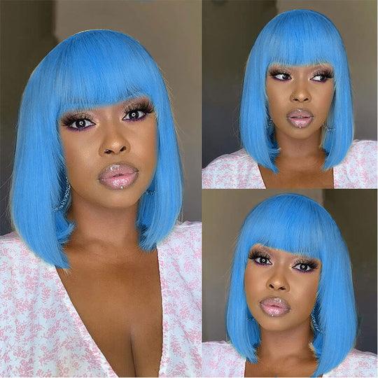 BB 14A Light Blue Straight Bob Wigs Human Hair With Bangs Wigs Glueless 100% Remy Human Hair Wigs None Lace Front Wigs Glueless Machine Made Wigs - BBOUTIQUE HAIR