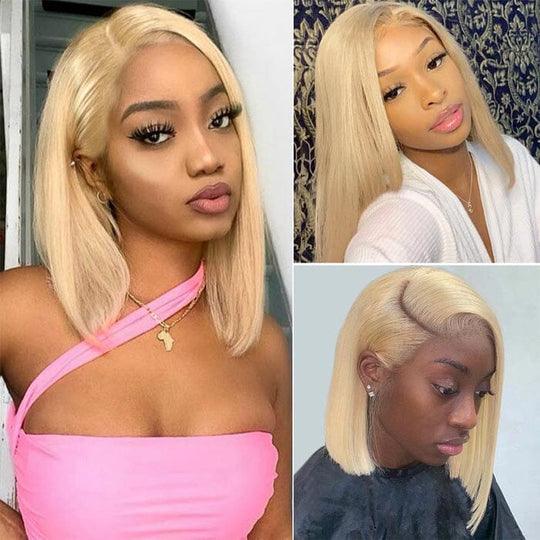 Honey Blonde 613 Short Bob Lace Frontal Wig Bone Straight Human Hair - BBOUTIQUE HAIR