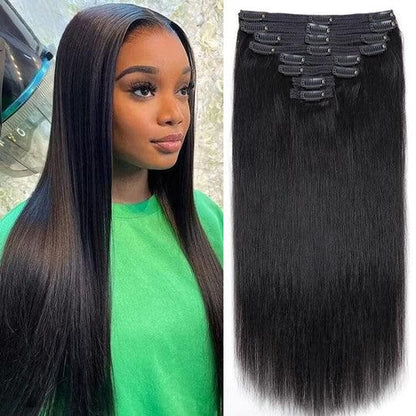 Straight Clips in Human Hair Extension Natural Black - BBOUTIQUE HAIR