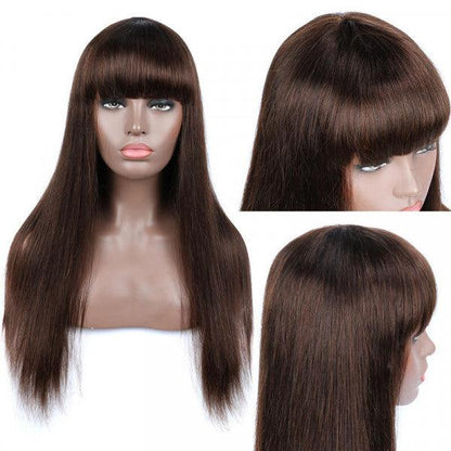 Brown Color Straight Human Hair Wigs With Bang - BBOUTIQUE HAIR